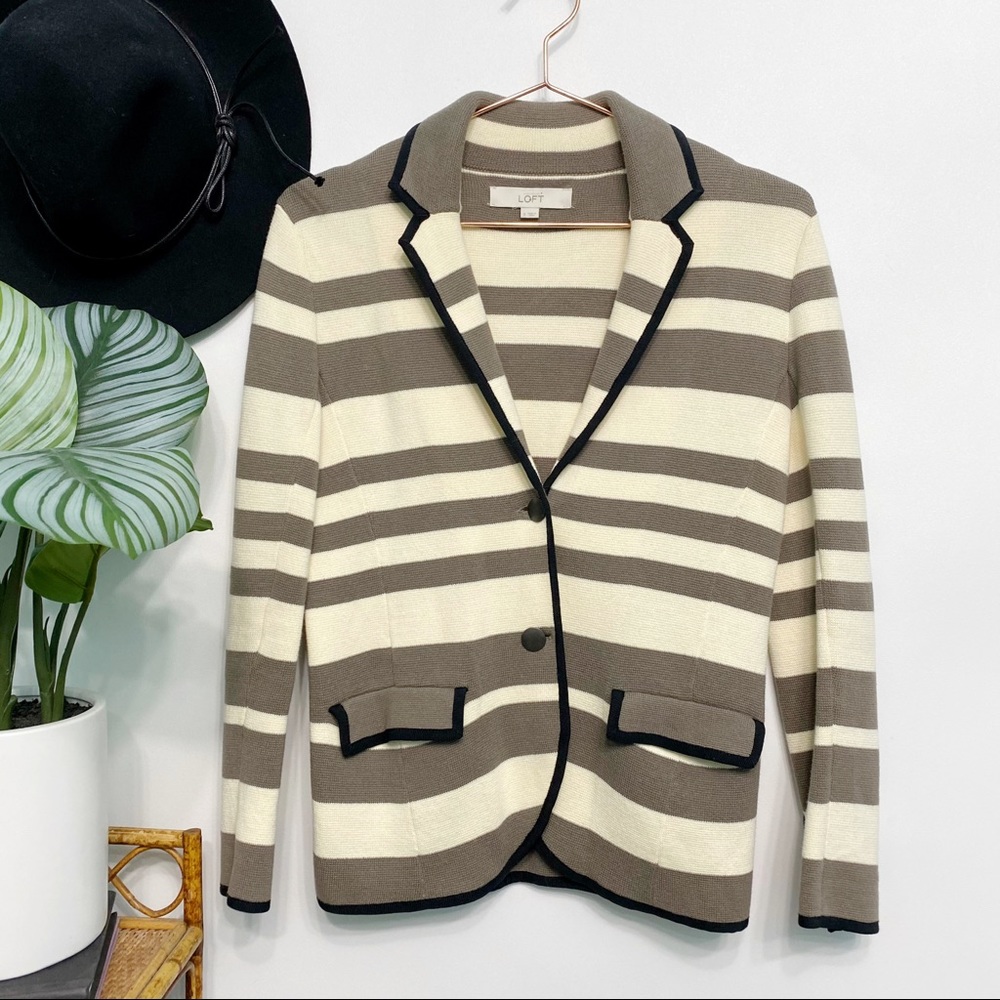 loft | sweater blazer brown cream stripe piping s